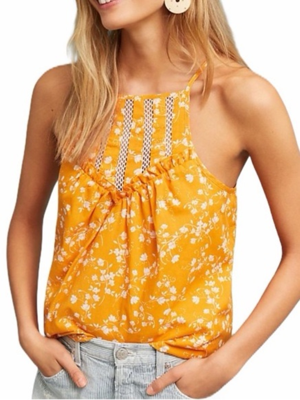 Anthropologie Maeve Mustard Yellow Floral Tank with Lace Insets Size Small